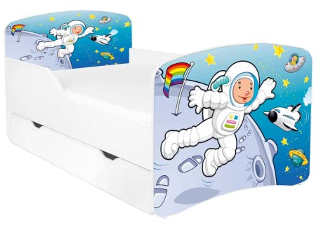 AS-TOR Kinderbett Jugendbett Dora 80x160 mit Matratze und Schublade - Bett Schlafzimmer Kindermöbel Kinderbetten für Jungen, Hochwertige Möbelplatte, Solide und Sicher, Astronaut