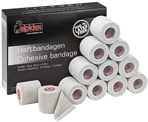 ALPIDEX 12 Rollen Haftbandage 5 cm x 4.5 m Selbstklebender Verband Pet Bandagen Fixierband Sport Vet Wrap Tape Selbsthaftend, Farbe:weiß