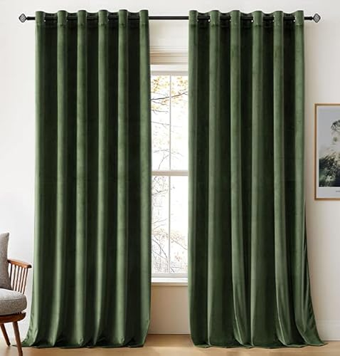 Woaboy Velvet Curtains 90 Drop Olive Green Curtain for Living Room Thermal Blackout for Bedroom Luxury Eyelet Drapes Soft Window Treatment Insulated Soundproof & Room Darkening W 90 x L 90 2 Panels