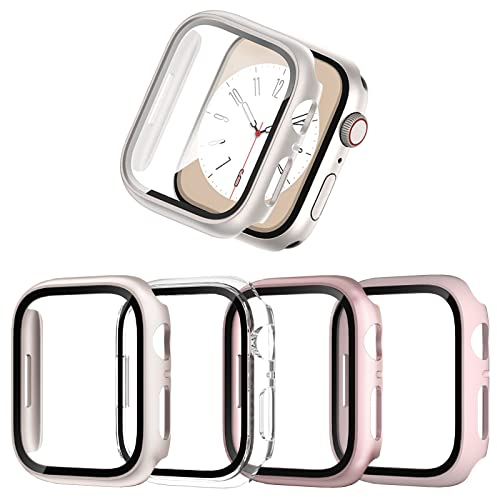 JZK 4-Stück Schutzhülle für Apple Watch Series 9/8/7 41mm, Hart PC Ultradünne Gehäuse Hülle Eingebaut Kratzfest Gehärtetes Glas Schutzfolie für iWatch 9/8/7 41mm, Klar/Roségold/Rosa/Sternlicht