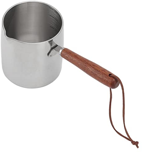 Réchauffeur en Acier Inoxydable de 450 Ml, Chauffe-Lait à café, Mini Pot à Lait, Petite Casserole avec Manche en Bois pour Chauffer le Lait, Faire du Sirop, Faire Fondre