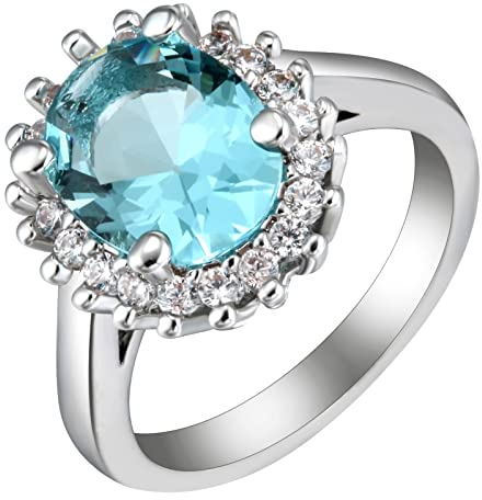 Whoiy Ring Herren Blau Silber, Ring Verlobung Eckig Eheringe Blume 4 Zacken Oval Zirkonia Hellblau 57 (18.1) Verlobungsring für Frauen