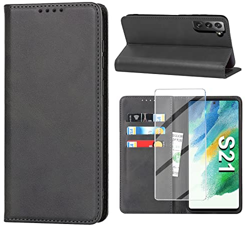 Handyhülle für Samsung Galaxy S21 5G Hülle mit Panzerglas Schutzfolie, Schutzhülle S21 Leder Wallet Kartenfach Standfunktion Stoßfest Klapphülle Hüllen Galaxy S21 6.2 Zoll Case Klappbar (Schwarz)