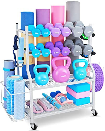 NBTORCH Yoga Mat Storage Rack - Home Gym Storage Rack for Yoga Mats, Dumbbells and Kettlebells, All in One Workout Equipment Storage with Caster Wheels (Hold Up to 440 Lbs)