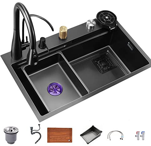 Oiyekntd Einzelschalen-Küchenspüle, 304 Edelstahl-Nanospüle mit Auszugshahn, kommerzieller Waschbecken Workstation mit Abflusssieb und Zubehör,75x46cm