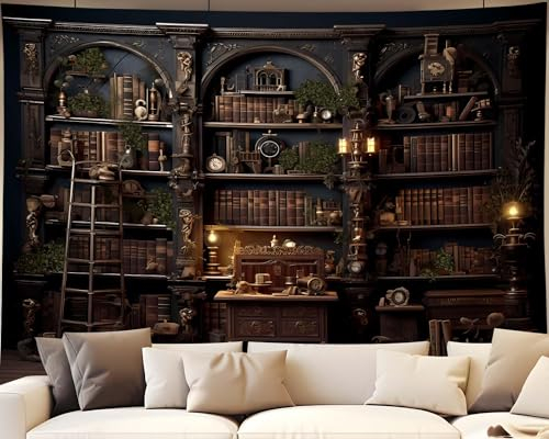 QGHOT Mittelalterlicher Bücherregal-Wandteppich, dunkle Akademie, alte Bibliothek, Wandbehang, Gothic-Wanddekoration, Arbeitszimmer, Studentenzimmer, Büro, Schlafzimmer, Wohnzimmer, Hintergrund, 203,2