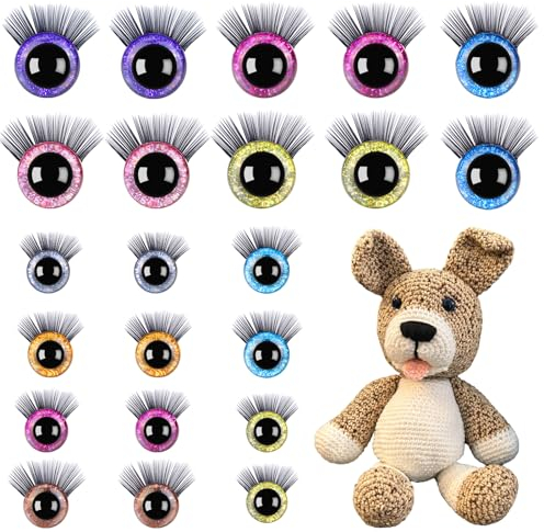 20 Stück Sicherheitsaugen für Häkeltiere, 20mm & 16mm Glitzer Puppenaugen Sicherheitsaugen mit Wimpern und Unterlegscheiben, Kunststoff Bunt Augen für Häkeltiere Amigurumi DIY Basteln