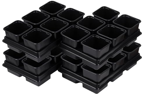 Tymar 24x Anzuchttöpfe mit Untersetzer, Blumentopf mit Pflanzschalen, mit Tablett, Shuttle-Trageschalen (Schwarz, 8x8x8cm)