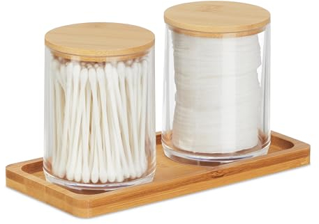 Relaxdays Wattestäbchenbehälter mit Tablett, 2 Becher m. Deckel, Kosmetik Organizer Kunststoff/Bambus, transparent/natur, Durchsichtig