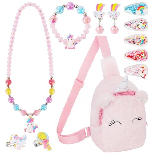 VGMANNTA Unicorno Bambina Gioielli Unicorn Bracciale Orecchini Anelli Collana Set Accessori per Capelli Mollette per Capelli Regalo 4-8 anni Giochi Bambina