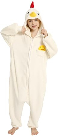 LONULAIN Unisex Kids Animal Oneise Pajamas, Boys Girls Flannel Hooded Halloween Cosplay Costume/Homewear/Sleepwear (Chicken,11-12 Years)