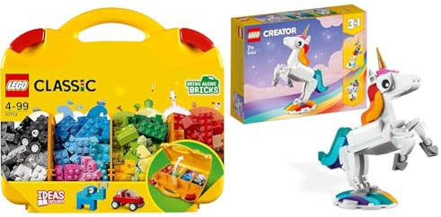 LEGO 10713 Classic Creative Suitcase, Toy Storage Case with Fun Colourful Building Bricks, Gifts for 4 plus Year old Kids & 31140 Creator 3 in 1 Magical Unicorn Toy to Seahorse to Peacock
