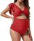Maillot de Bain 2 Pièces d'été pour Femmes Enceintes Maillots de Bain Deux Pièces Grossesse Femmes Tankini Maternité Enceintes Bikini Enceinte Col en V Couleur Unie Vêtements De Plage (Red, L)