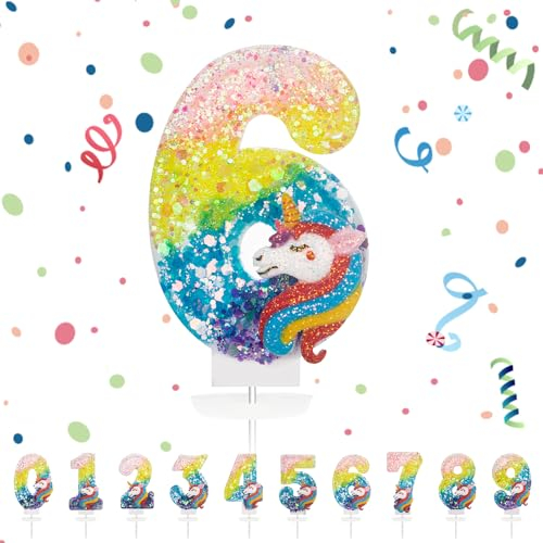 Geburtstagskerzen Zahlen 6,3D Regenbogen Einhorn Geburtstagskerzen,Kerzen Geburtstag Zahl 6, Kuchen Topper Dekoration Kuchendeko Geburtstag, Geburtstagskerzen für Geburtstagsdeko Mädchen Jungen