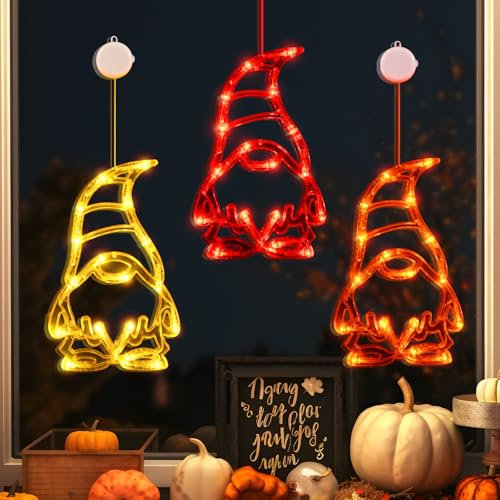 LOLStar Thanksgiving Deko, 3er-Pack Herbst Fenster Lichter mit Rot Gelb Orange Gnome Zwerg LED Lichter, Batteriebetrieben (nicht enthalten) 2024 Upgrade Slow Fade Modus Timer Herbst Deko Indoor Zimmer