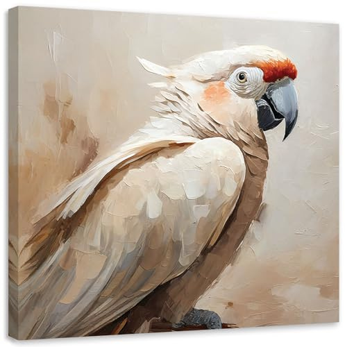 Feeby Leinwand Bilder - Bild Wohnzimmer - Papagei Beige wie gemalt - 50x50 1tlg - Deko Schlafzimmer Groß - Dekoration Canvas - Gemälde - Modern Wandbilder - Kunstdruck