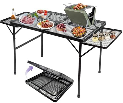 BRIAN & DANY 3x2 FT Camping Table with 2 Wing Panels, Folding Grill Table, Metal Portable Picnic Table, Lightweight Height Adjustable Foldable Table for Outdoor, Black