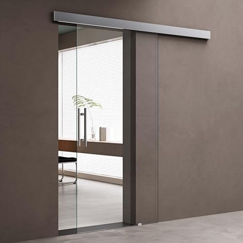 doporro Glasschiebetür Komplettset 90x205cm Zimmertür ESG-Glas Klarglas | Schiebetür mit Stangengriff | 15mm Wandabstand | Edelstahl Türgriff | Aluminium Abdeckblende | Amalfi-plus 20
