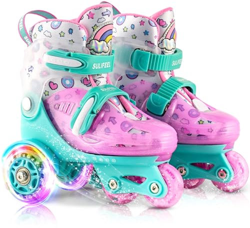 SULIFEEL Verstellbare Rollschuhe für Kinder für Mädchen und Jungen, Spaß beleuchtende Licht Blitz Räder DREI-Punkt-Typ Balance geeignet für Anfänger Indoor Rollschuhlaufen