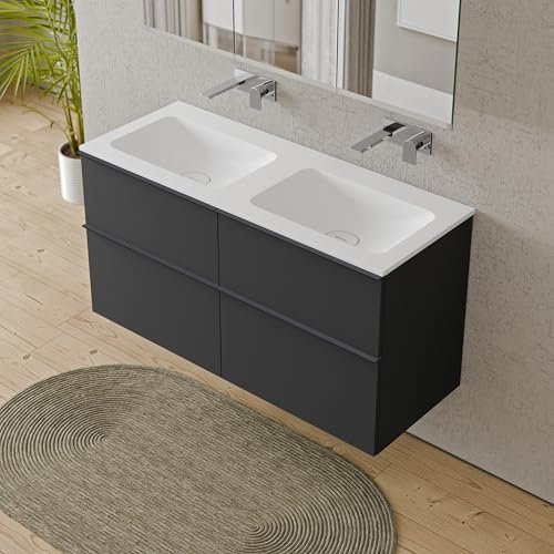 BERNSTEIN Badmöbel-Set Lavoa, Waschtisch-Unterschrank mit Waschbecken 120cm in Anthrazit - CREAM - Weiß matt ohne Hahnloch - 2 Schubladen, Griffe in Anthrazit, vormontiert, 5 Jahre Garantie