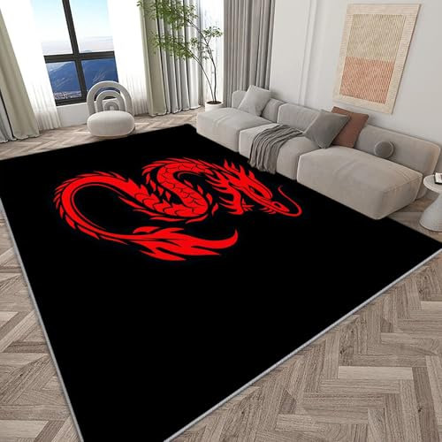 Générique Tapis Salon Dragon Chinois Rouge 80x150cm Tapis de Chambre Doux Moderne, Tapis Poils Ras Antidérapant, Tapis Rectangulaire, Moquette pour Enfants, Tapis De Couloir