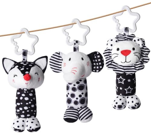 Aolso Kinderwagen Spielzeug, 3Pcs hängendes Rasselspielzeug, schwarz-weißes Spielzeug, Baby-Hängespielzeug, Neugeborenes Autositz-Spielzeug für Jungen und Mädchen (Elefant/Fuchs/Löwe)