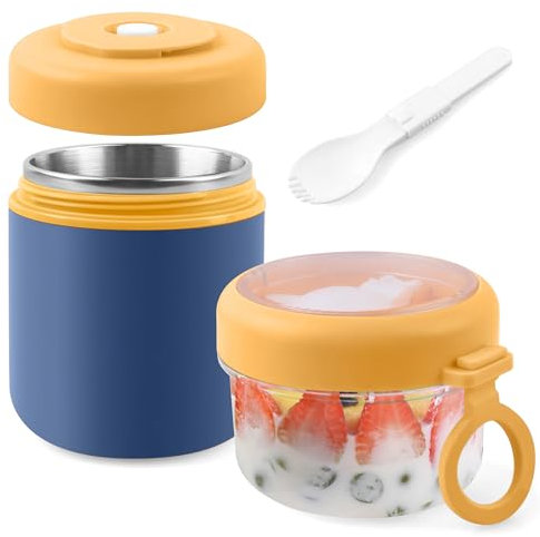Acasimo Edelstahl Müslibecher to Go, 2-in-1 Joghurtbecher to Go Mit Löffel, 530ml+330ml Tragbarer Auslaufsicherer Müslibecher Geeignet für Gefrierschrank, Spülmaschine, Erwachsene(Blau)