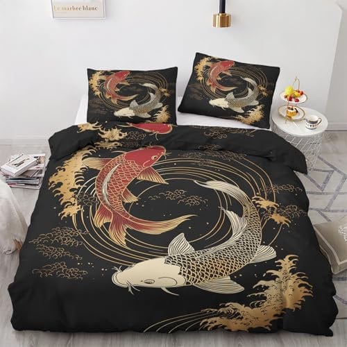 SUWALI Japanese Fish Emperor Duvet Cover Set, Koi Fish Japan Wave Printed Bedding Quilt Cover, 2 Pillow Cases, Soft Microfibre, with Zip Fastening, Reversible Design