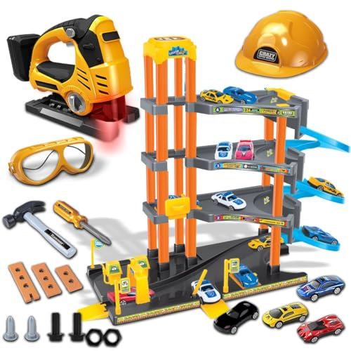 Xwin Sportseries 4-Story Parking Garage Playset with Lift, Spiral Ramps, Service Area, 4 Cars, and 14-Piece Kids Tool Box Set with Jigsaw, Helmet, and Safety Glasses for Creative Play, for Ages 3+