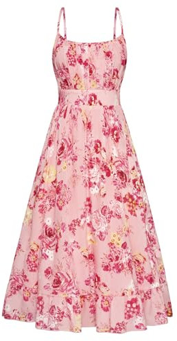 GRACE KARIN Abito estivo da donna con spalline sottili, svasato, linea ad A, mini abito increspato senza maniche floreale da spiaggia, Rosa con fiore rosso, M