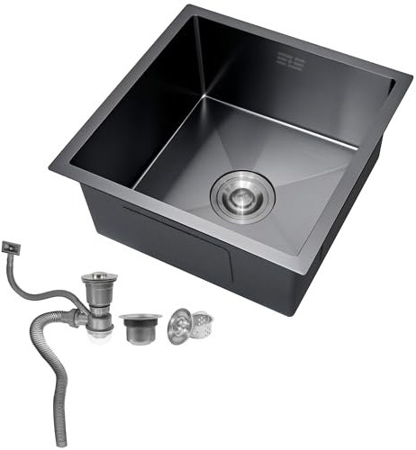 Fregadero de Acero Inoxidable 304 - 45 x 45cm Bajo Encimera o Sobre Encimera con Filtro de Drenaje, Un Seno Pequeño (Negro)