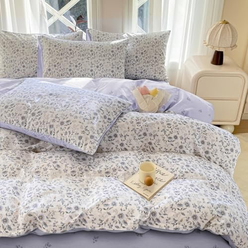 Freyamy Housse de Couette Fleurie 220x240+2 Taie d'oreiller 65x65 Blanc Violet Feuilles Floral Parure de lit 2 Personnes Adulte Fleurs Sets de Housse Couette en Microfibre avec Fermeture Éclair