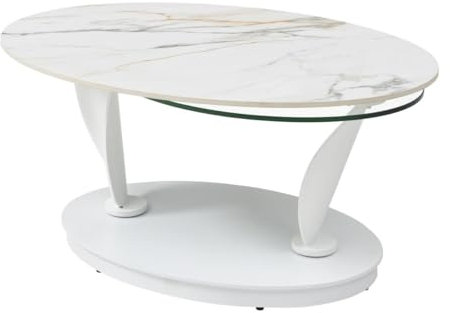 Vente-unique - Table Basse avec Plateaux pivotants en céramique, Verre trempé et métal - Effet marbre Blanc - MANEYA de Maison Céphy