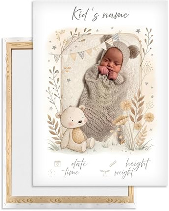 Ferocity Personalisiertes Geburtsbild 30 x 40 cm Geburtsanzeige Leinwand mit Foto & Geburtsdaten | Wanddeko fürs Babyzimmer | Geschenk zur Geburt Taufe Babyshower für Mädchen & Jungen Motiv Bär [128]