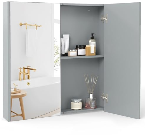 Multigot Bathroom Mirror Cabinet (Double Door, Grey) | Wall Mounted Storage Cupboard with Shelf, Living Room Display Organizer Unit