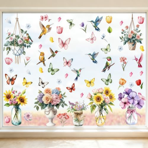 9 ark självhäftande fönsterbilder vår, återanvändbara fönsterklistermärken med blommor och fjärilars motiv (E)