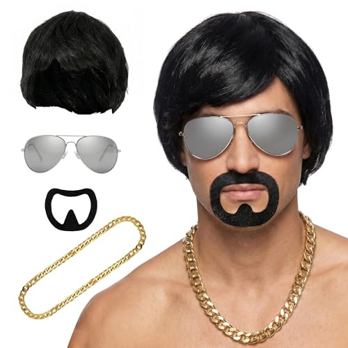 Adults Ibiza Final Boss Funny Costume Set with Bowl Cut Wig and Accessories | Complete 90s Party Outfit Includes Silver Sunglasses, Fake Goatee Beard and Gold Chains for Carnival