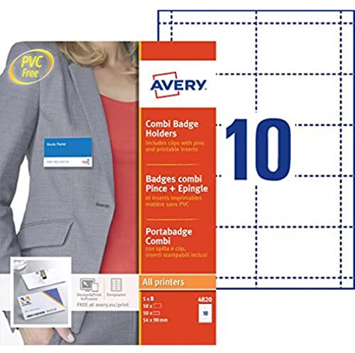AVERY Zweckform 4820 Namensschilder für Kleidung 50 Stück (54x90mm, Namensschilder-Taschen mit Kombiklemme Clip/Nadel, transparente Ausweishüllen inkl. 50 Stück blanko Einsteckschilder) weiß
