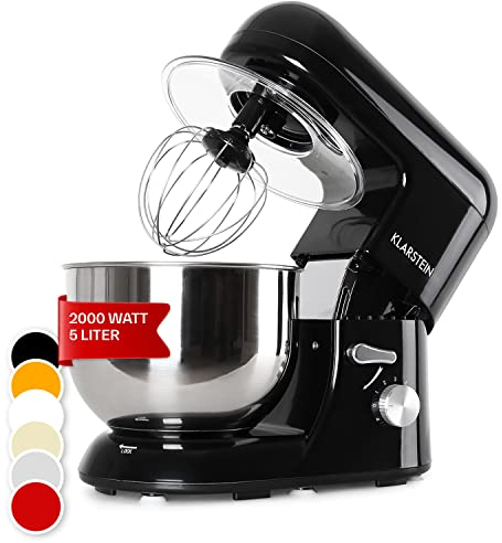 Klarstein Küchenmaschine, Knetmaschine mit 5L Schüssel, 1800W Profi Küchenmaschine mit Knethaken und Schneebesen, Universal Küchenmaschine mit 6 Stufen