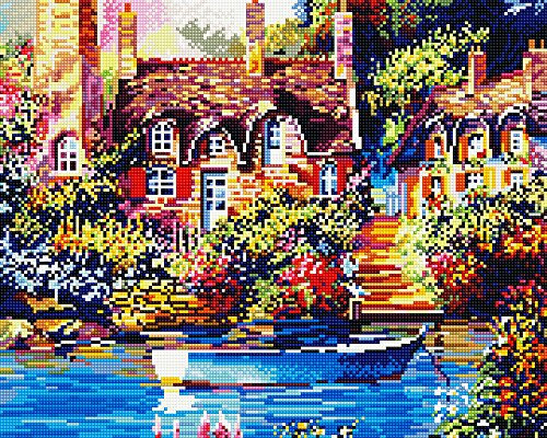 GMMH Diamond Vollbedeckung mit Holzrahmen Painting Set Bild 40 x 50 Diamant Malerei Stickerei Handarbeit Basteln Mosaik Steine Blumen Korb Haus am Bach (GJ432)