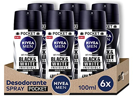 NIVEA MEN Black & White Invisible Spray Pocket im 6er Pack (6 x 100 ml), Anti-Pigment-Deo mit 48h Schutz, Anti-Transpirant Deo für die Männerpflege