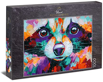 Ulmer Puzzleschmiede - Ölbild-Puzzle „Neozoen“– Klassisches 1000 Teile Puzzle – Kunst-Motiv bunter Waschbär als abstraktes Leinwand-Gemälde