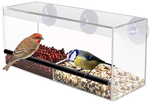 My Garden Large Window Bird Feeder With 3 Spare Strong Suction Cups Drainage Holes Roof 2 Section Deep Seed Tray Easy To Clean & Refill Durable 3MM Acrylic Design Transparent Bird Peanut Feeder