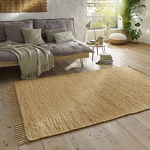 Taracarpet Handwebteppich Läufer Fleckerl Teppich Uni waschbar aus Baumwolle für Wohnzimmer und Küchenteppich 140x200 cm beige