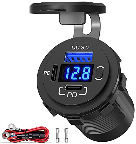 Qidoe 78W PD USB C Steckdose 12V Einbau: Dual Typ C USB Buchse Dose 12 Volt KFZ Ladegerät Zigarettenanzünder Adapter Wasserdicht mit Schalter für Wohnmobil Auto Motorrad Boot LKW Wohnwagen