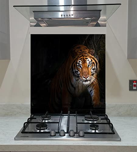 Splashback, Tempered Glass Panel Kitchen with a tiger starting attack, Any Size, VA Art Glass (wide 60 x height 70 /cm)