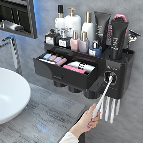 iHave Zahnbürstenhalter Wand,Badezimmer Zahnbürstenhalter mit Zahnpastaspender, 3 Becher Toothbrush Holder mit Schublade, großer Kapazität Zahnbürsten Organizer Badezimmer Schwarz