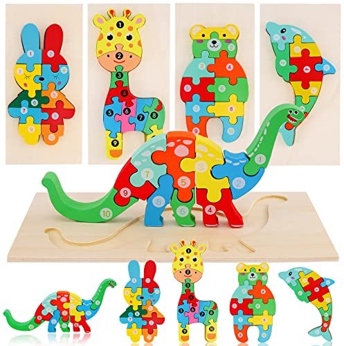 JEFFOUOO 5 Stück Holzpuzzle für Kleinkinder,Montessori-Spielzeug für Kinder,3D Kinder Steckpuzzle Holz ab 2 3 4 Jahren,Lernendes Pädagogisches Holzpuzzle Spielzeug Geschenk für Jungen Mädchen