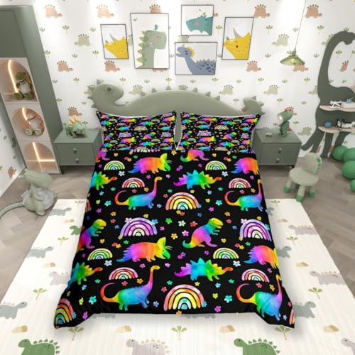 feelingyou Rainbow Dinosaur Comforter Cover King Size,Cartoon Cute Dino Wild Animal Bedding Set for Modern Room,Watercolor Flowers Floral Duvet Cover Set with 2 Pillowcases, Ultra Soft Bed Spread