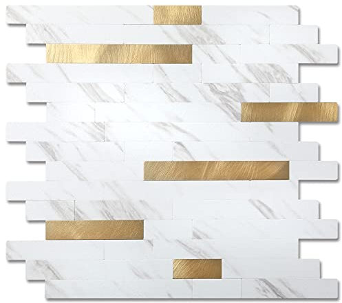Yipscazo Peel and Stick Stone Metal Tile Backsplash, Stick on Tiles for Backsplash Kitchen, Bathroom, Laundry Room, Camper, Fireplace (12'' X 12'', 10 Sheets in Carla with Gold)
